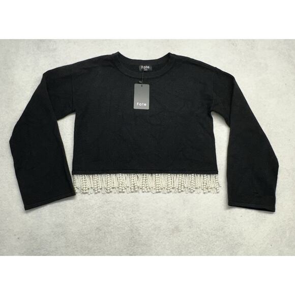 Fate Womens S Sweater Black Faux Pearl Fringe Crop Long Sleeve Pullover Holiday - Picture 1 of 8